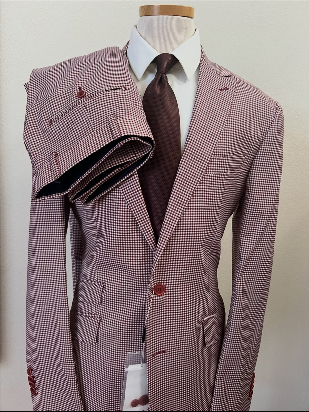 Men's Burgundy gingham Houndstooth Two-Piece super 150 wool suit
